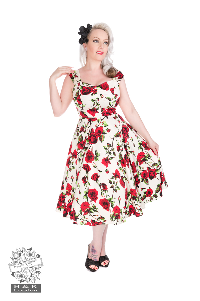 50s Ditsy Rose Floral Summer Dress Hearts Roses London